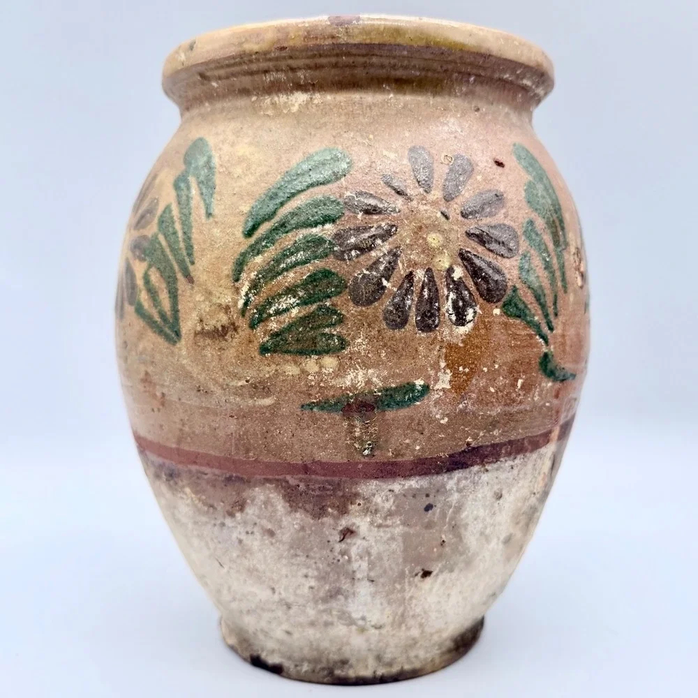 Southeastern PA Antique Folk Art Redware Pitcher Jar Hand Painted Floral Pottery